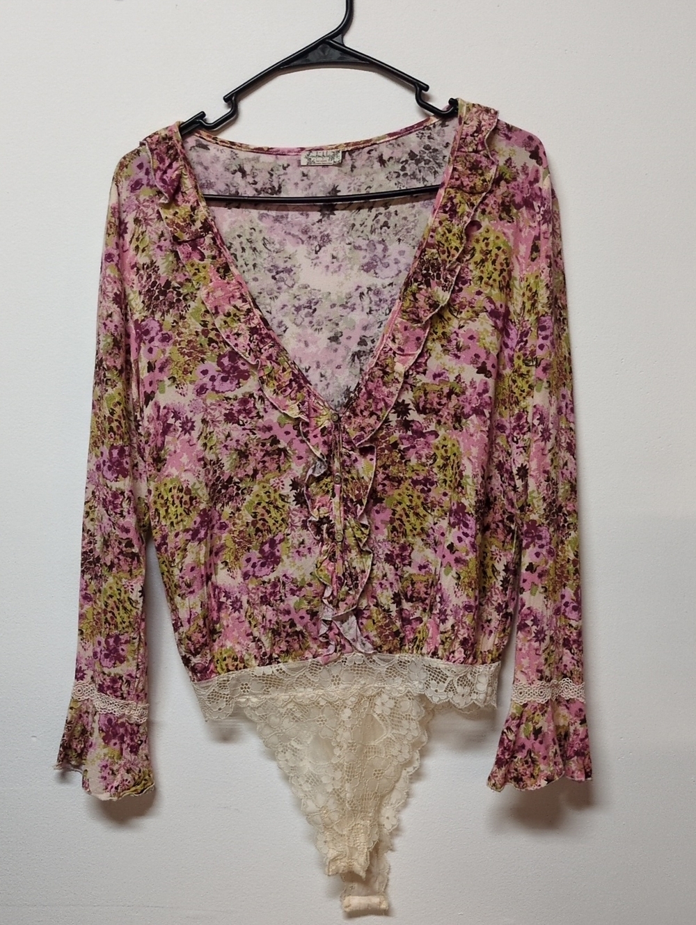 Free People Pink Long Sleeve Floral Ruffle Bodysuit, Size S